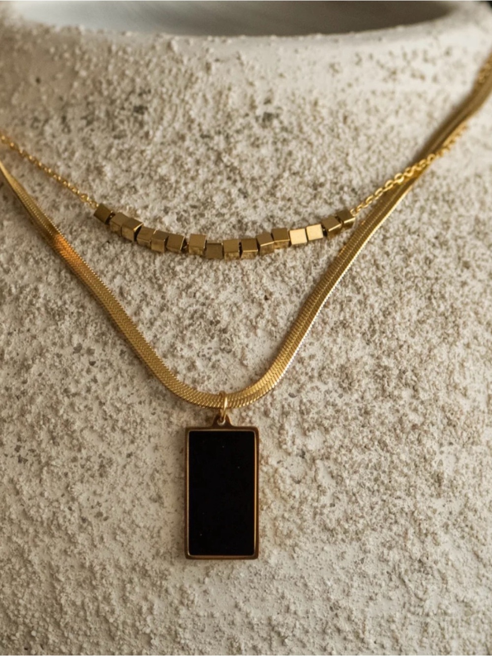 Gold Layered Necklace with Black Rectangular Pendant - Women Jewelry